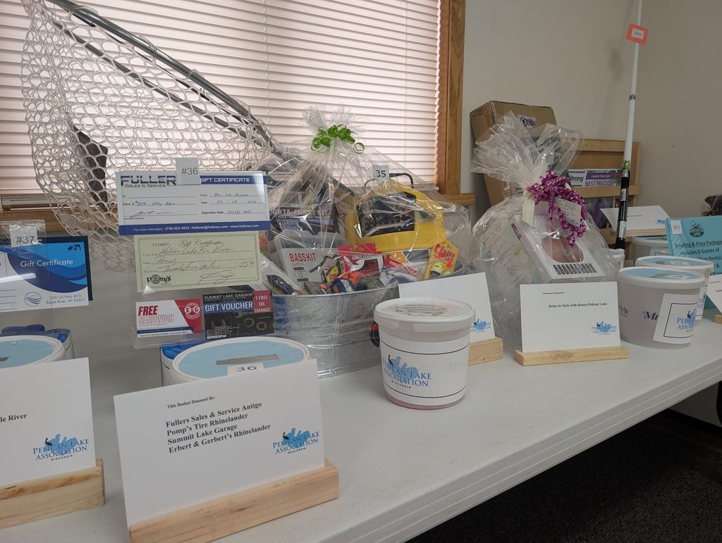 Raffle prizes and gift baskets on a table