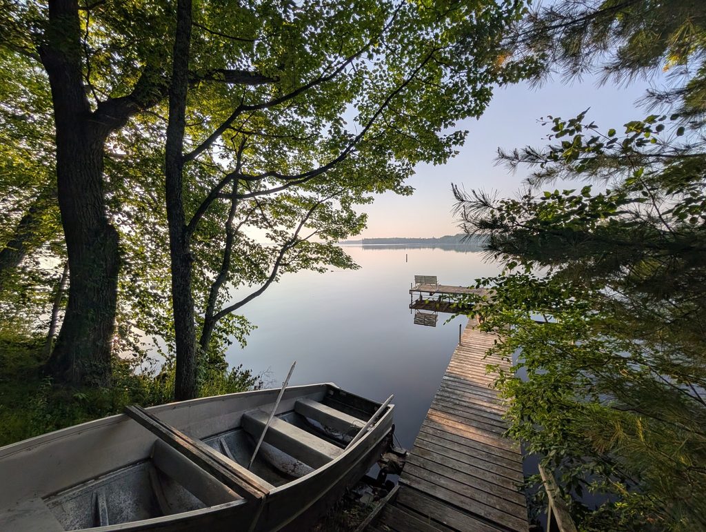 Boat on the shore seen through the trees